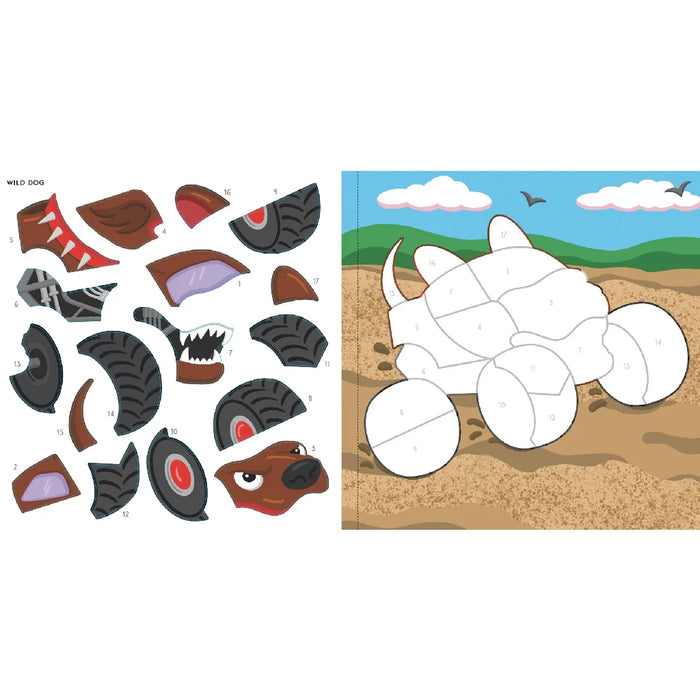 A colorful array of monster truck stickers, perfect for a fun and interactive coloring experience.