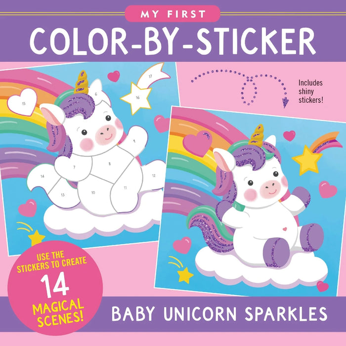 A colorful baby unicorn surrounded by sparkles, designed for a color-by-sticker activity for young children.