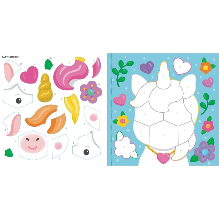 A cheerful baby unicorn with sparkling accents, part of a color-by-sticker set for early childhood creativity.