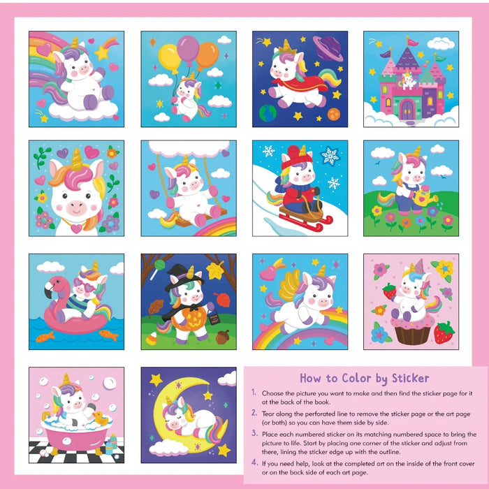 A vibrant baby unicorn with sparkles, intended for a fun color-by-sticker project for kids.