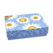 A pattern of blue and white daisies with yellow flowers, designed for note cards.