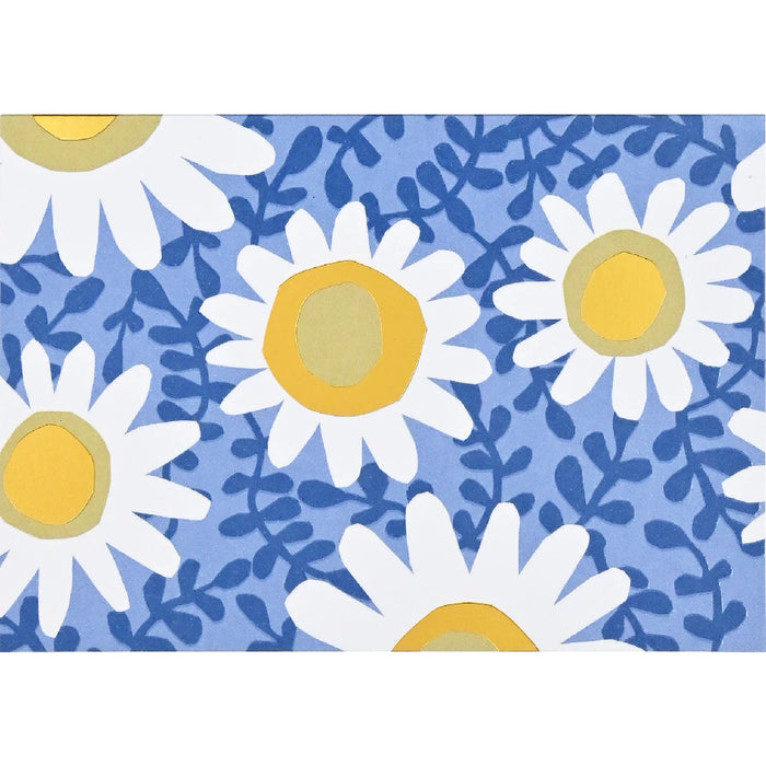 Blue and white daisy pattern featuring yellow flowers, ideal for decorative note cards.
