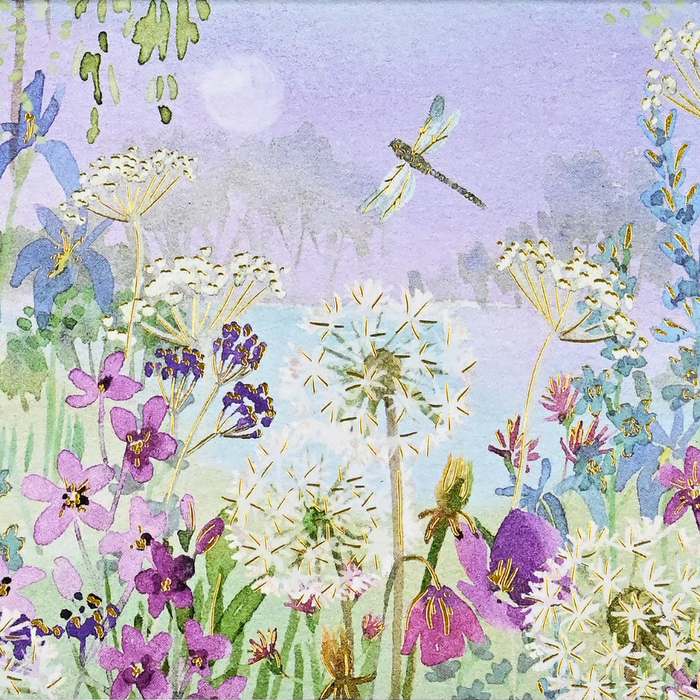 A softly hued moonlit meadow, with dragonflies, dandelions, and vibrant florals, graces these elegant note cards.