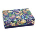 A blue box featuring a floral pattern, adding a touch of nature to its appearance.