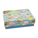 A blue box containing a floral patterned card and matching envelope, elegantly arranged for gifting or correspondence.