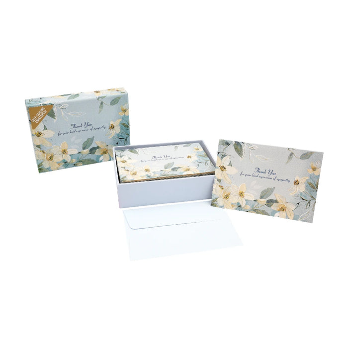 A thank you card with a floral motif and its envelope, elegantly arranged on a plain background.