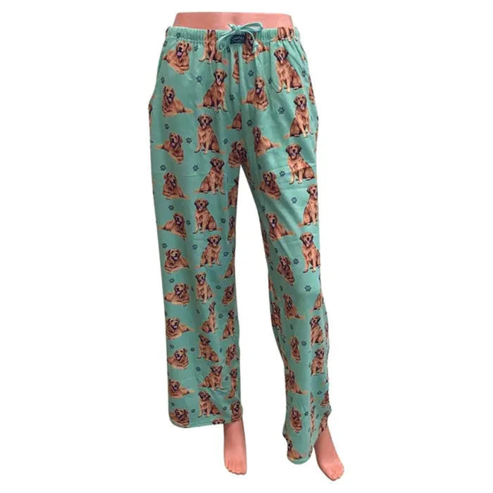 Teal pajama pants with dog pattern on a white background