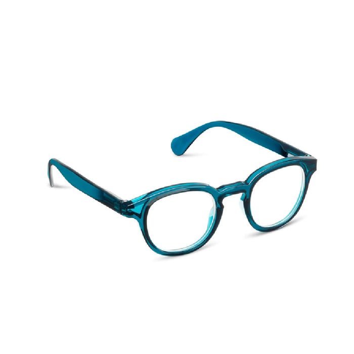 A set of blue-framed glasses with clear lenses, positioned on a plain surface.