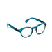 A set of blue-framed glasses with clear lenses, positioned on a plain surface.
