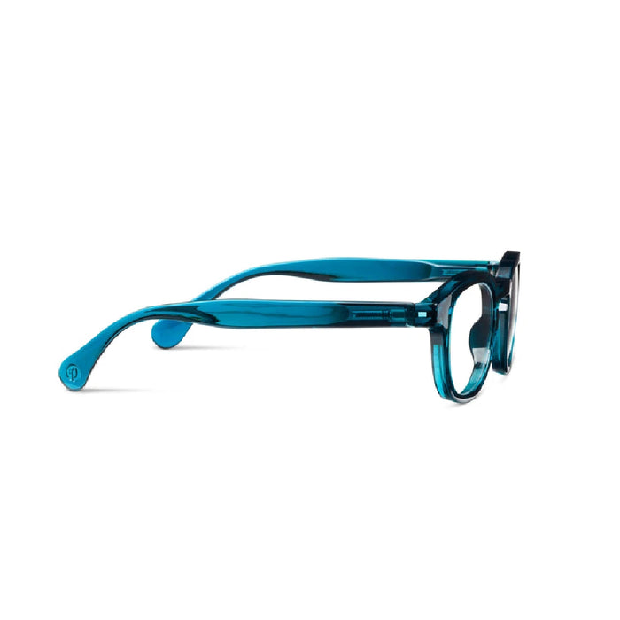 Blue glasses with clear lenses, elegantly arranged on a light-colored background.