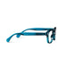 Blue glasses with clear lenses, elegantly arranged on a light-colored background.