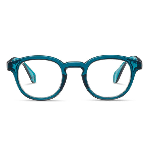 A pair of blue glasses featuring clear lenses, resting on a neutral background.