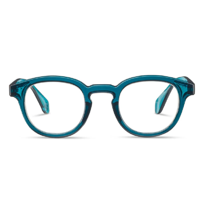 A pair of blue glasses featuring clear lenses, resting on a neutral background.