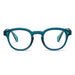 A pair of blue glasses featuring clear lenses, resting on a neutral background.