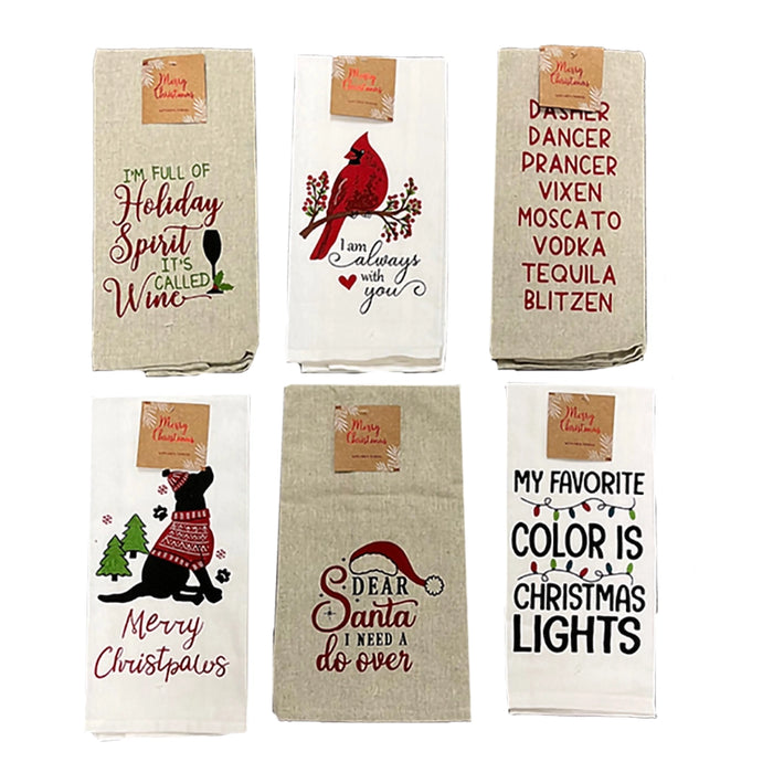 Set of six Christmas-themed kitchen towels with humorous sayings. Assorted no choice 