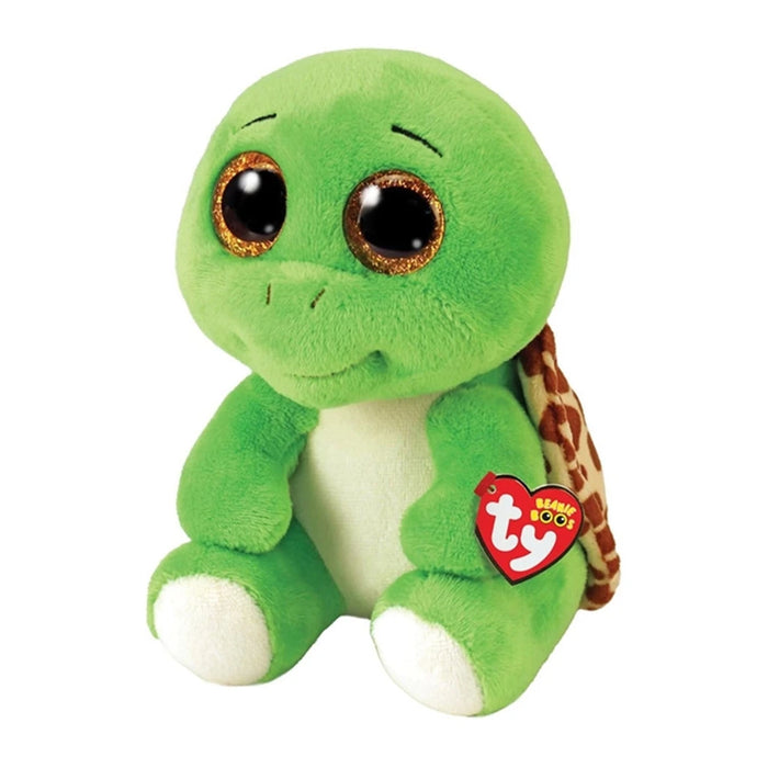  Green Ty Beanie Boo turtle with large eyes and a soft, plush texture, sitting on a white background.