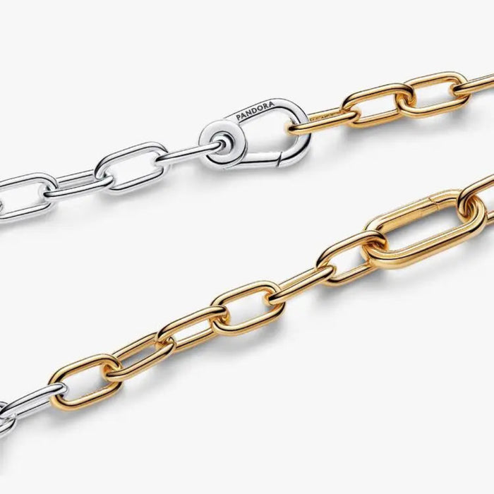 Mixed-metal Pandora Two-Tone Link Chain Necklace featuring two openable links and a carabiner clasp.