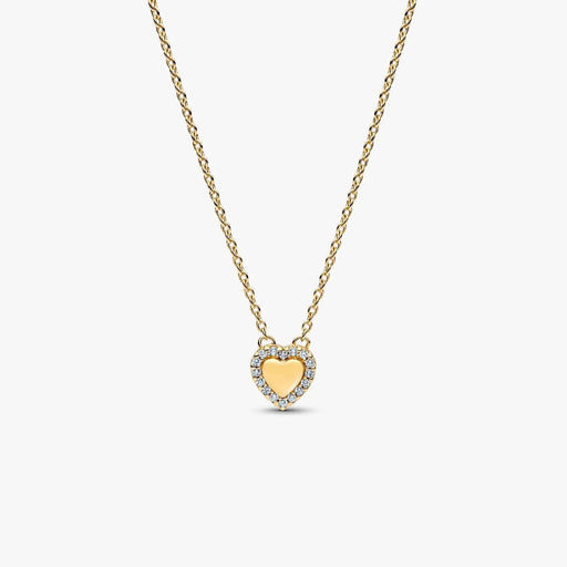 Pandora Engravable Heart Halo Collier Necklace featuring an engravable heart pendant framed by cubic zirconia on a white background.