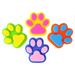 Four colorful paw prints in green, yellow, pink, and orange on a white background