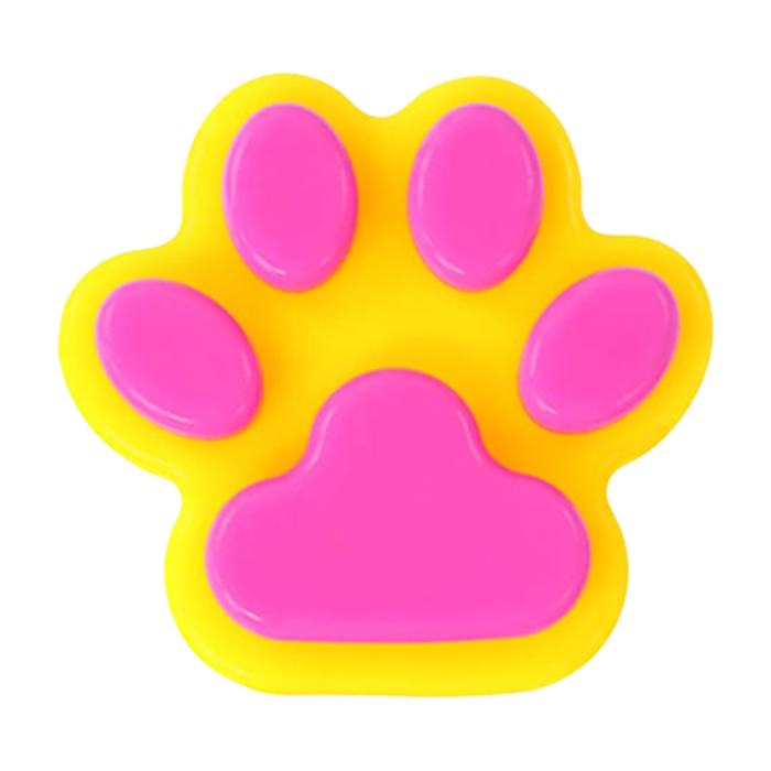 Pink and yellow paw-shaped object on a white background