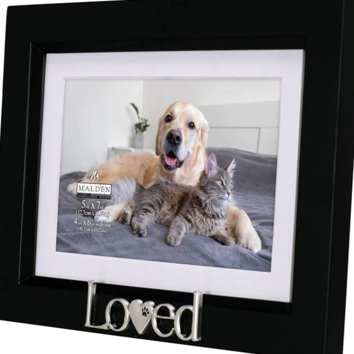 Black pet picture frame with a "Loved" sentiment and paw print accents for displaying a cherished pet photo.