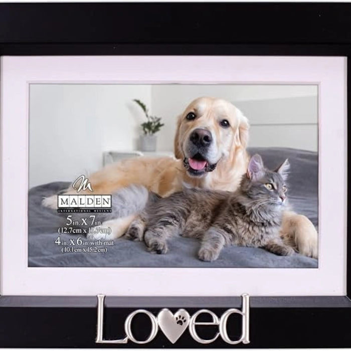 Black pet picture frame with a "Loved" sentiment and paw print accents for displaying a cherished pet photo.