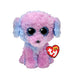 A pink dog with blue eyes wearing a tag, sitting attentively and looking towards the viewer.