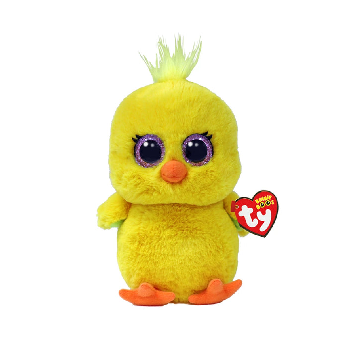 Yellow Ty Beanie Boo chick with large eyes and a cute expression, sitting upright against a plain background.