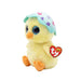 Adorable small white chick Ty Beanie Boo, featuring big eyes and a friendly smile, placed on a colorful background.