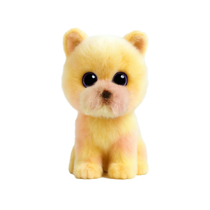 A stuffed yellow dog sits against a solid black background, showcasing its bright color and soft texture.