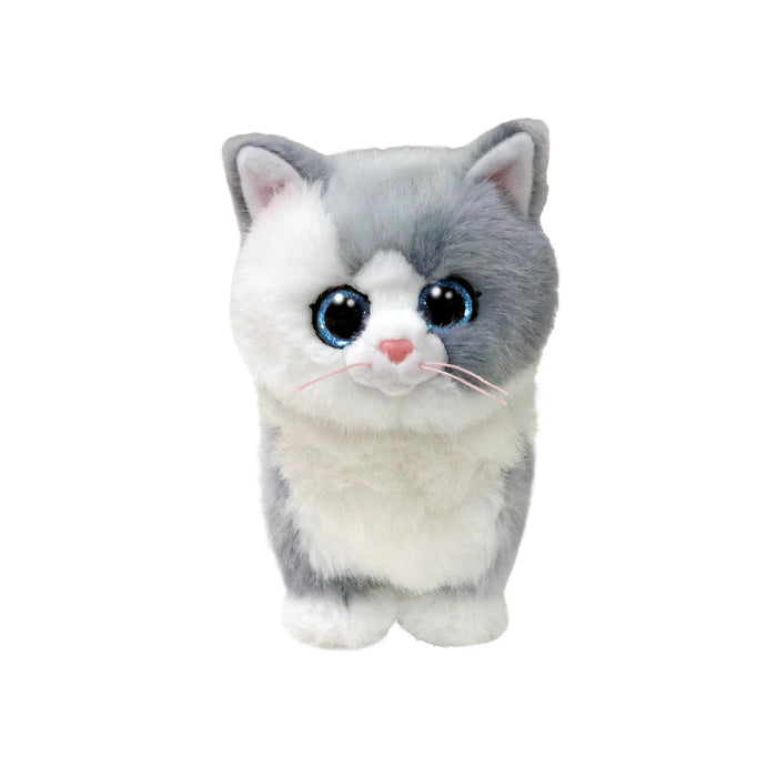 A stuffed cat with large eyes sits against a black background, showcasing its soft fur and playful expression.