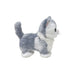  A plush cat with oversized eyes is displayed on a black background, highlighting its adorable features and soft texture.