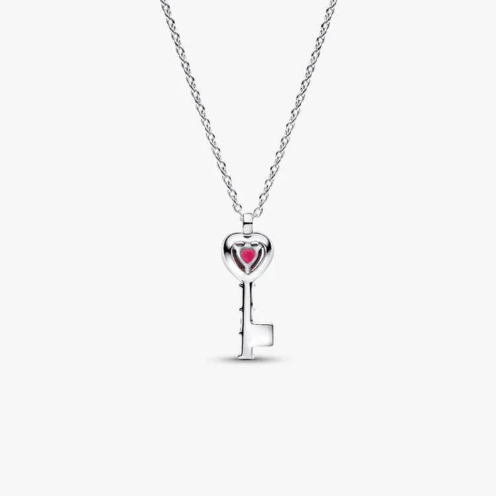 Back of Pandora Elevated Heart Key Collier Necklace in sterling silver on a white background.