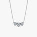 Close-up of the Pandora Halo Heart Trilogy Collier Necklace in sterling silver showing three heart-shaped cubic zirconia with a sparkling halo on a white background.