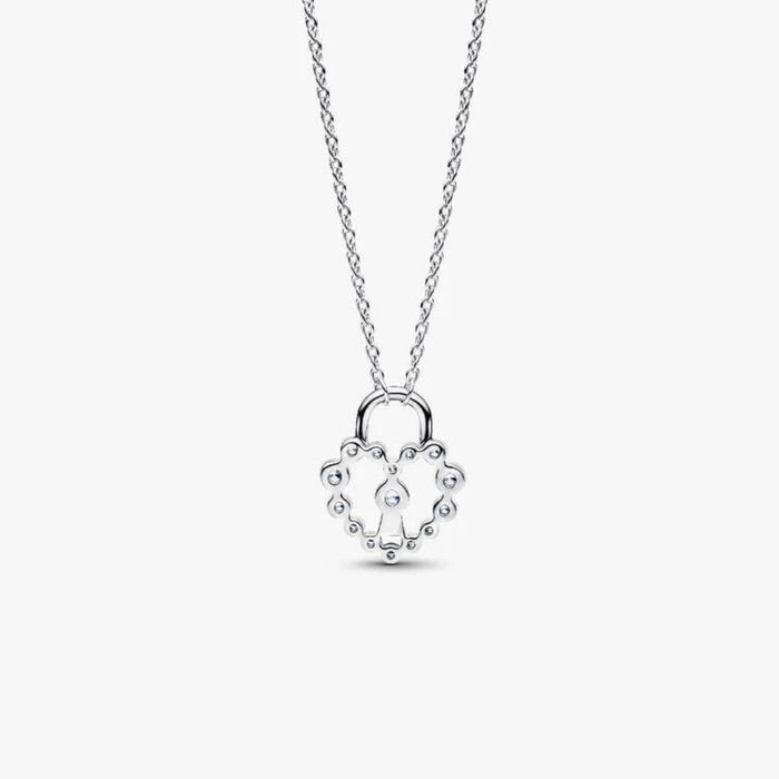Back of Pandora Sparkling Heart Padlock Pendant Necklace in sterling silver on a white background.