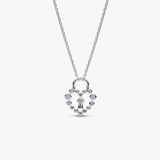 Pandora Sparkling Heart Padlock Pendant Necklace with heart-shaped cubic zirconia and central padlock displayed on a white background.