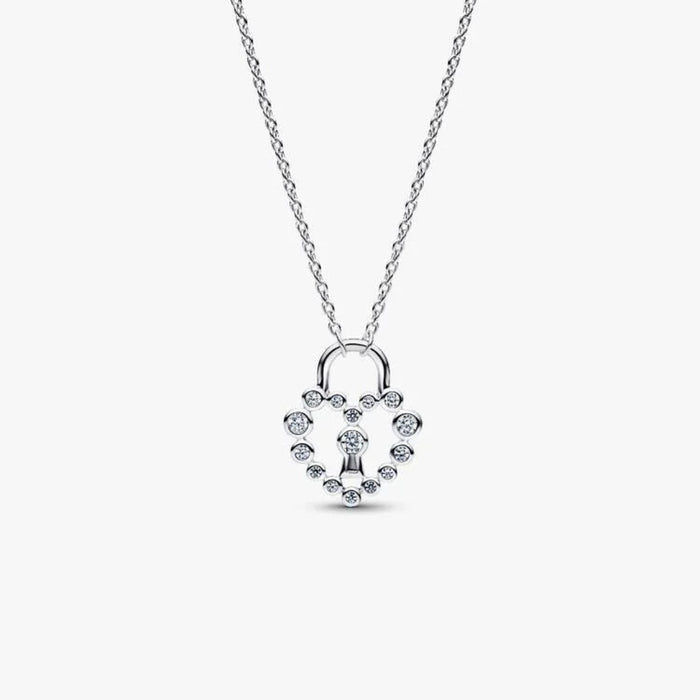 Pandora Sparkling Heart Padlock Pendant Necklace with heart-shaped cubic zirconia and central padlock displayed on a white background.