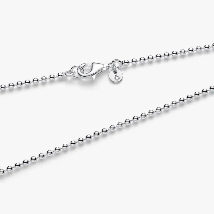 Close-up of the Pandora Ball Chain Necklace in sterling silver, showing its modern beaded texture on a white background.