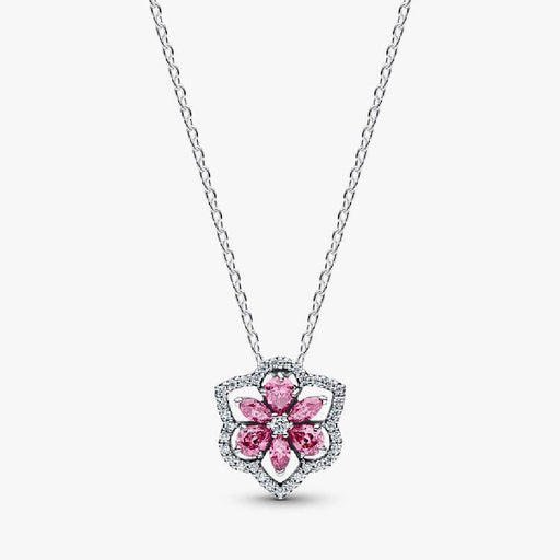  A pink flower pendant adorned with diamonds, elegantly hanging from a delicate chain.