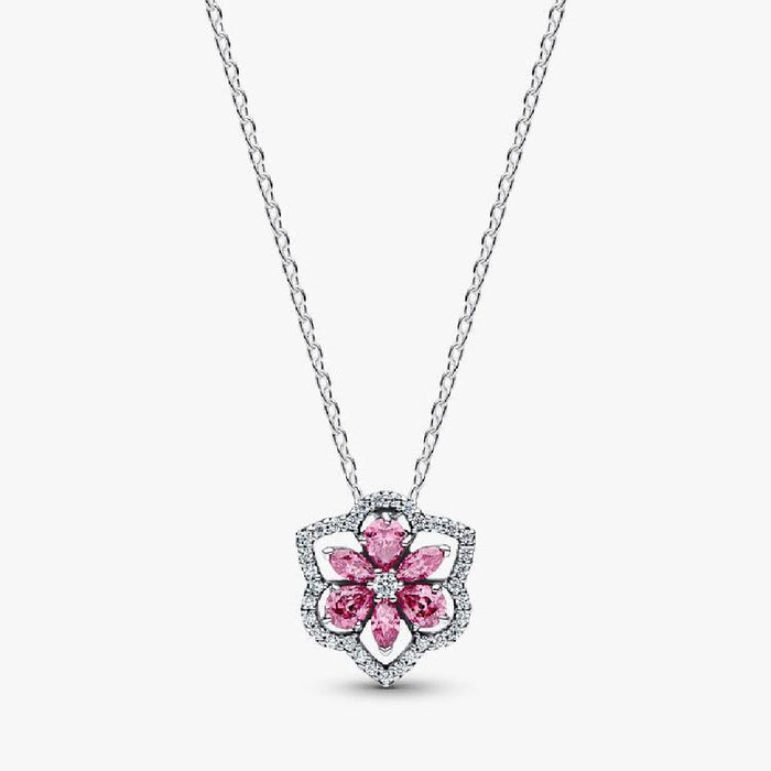 A pink flower pendant adorned with diamonds, elegantly hanging from a delicate chain.