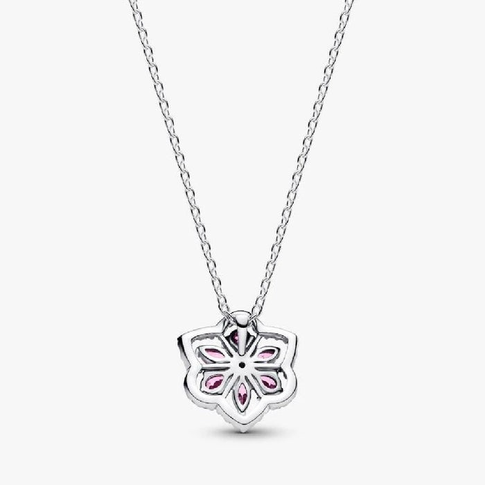 A delicate chain featuring a pink flower pendant embellished with sparkling diamonds.