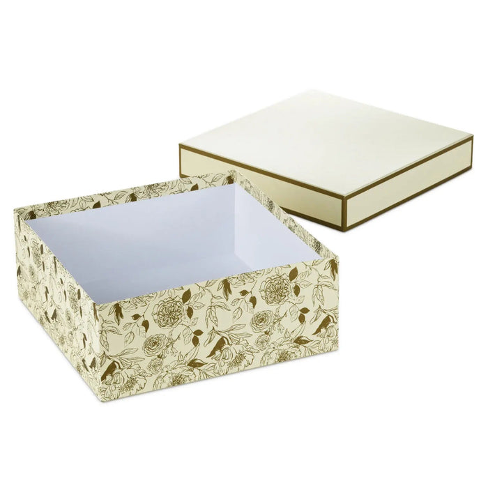 Large floral gift box with gold accents and white lid displayed open