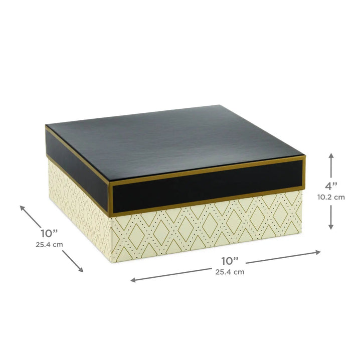 Large white and black gift box with gold accents, 10" × 4" × 10"
