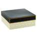 Large square gift box with white base featuring gold‑ink diamond designs and solid black lid with metallic gold trim