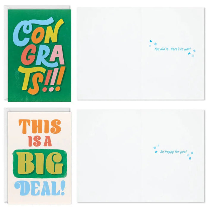 Four colorful greeting cards with celebratory text on a white background