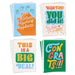 Four colorful greeting cards with motivational text on a white background