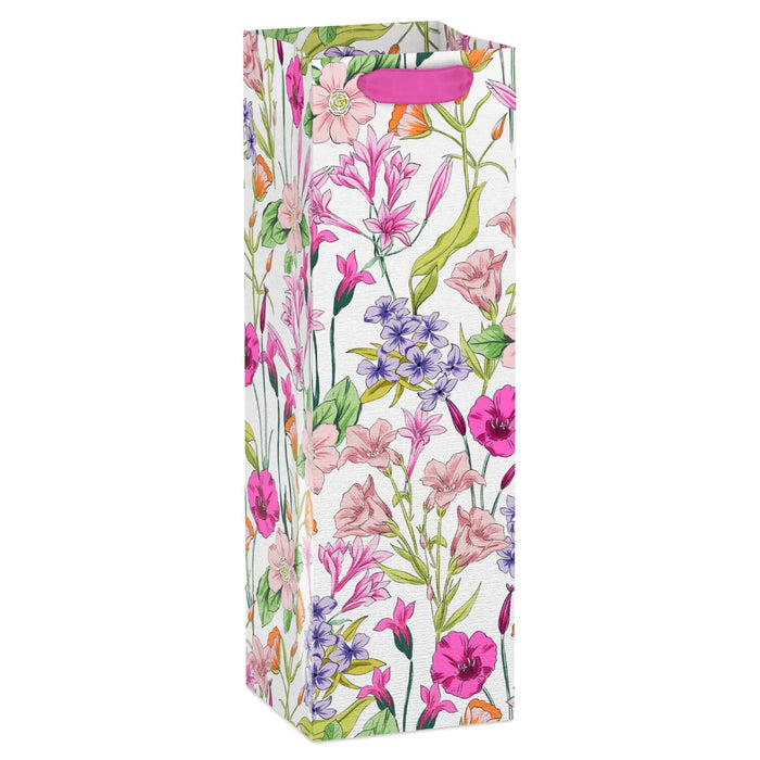 Wine gift bag with colorful spring floral illustrations on white, linen‑textured finish, satin ribbon handles, and “Just for you” gold‑foil tag