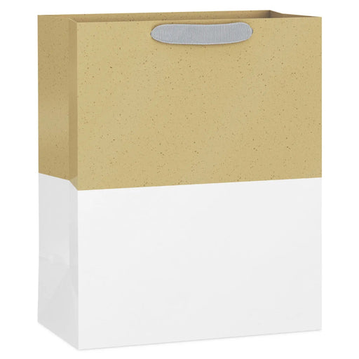 Large kraft‑and‑white two‑tone gift bag with bold minimalist design and grosgrain ribbon handles