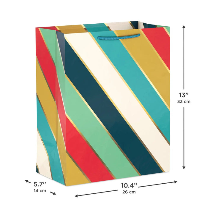Large striped gift bag with gold accents, 10.4" × 13" × 5.7"
