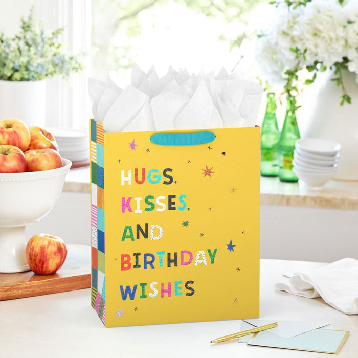 Hallmark : 13" Hugs, Kisses and Birthday Wishes on Yellow Large Gift Bag